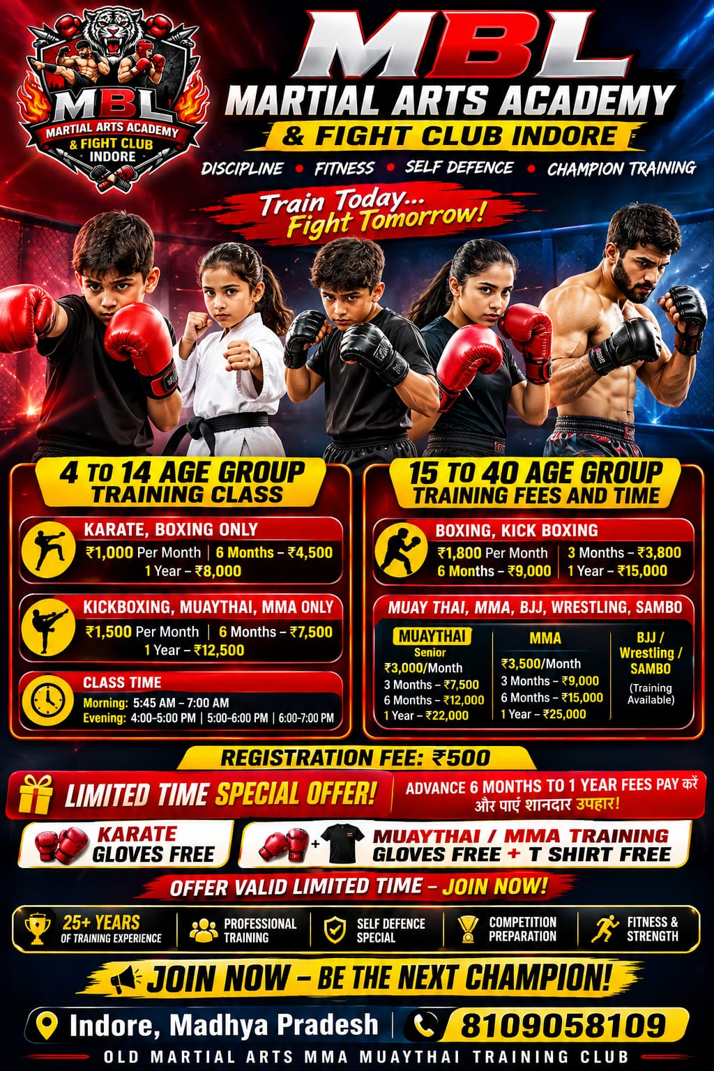 MBL Martial Arts Academy training poster with class timings, fees and offers